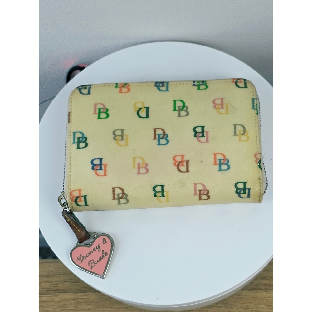 Dooney & Bourke Rainbow Monogram Zip Around Wallet Cream Heart Charm Y2K